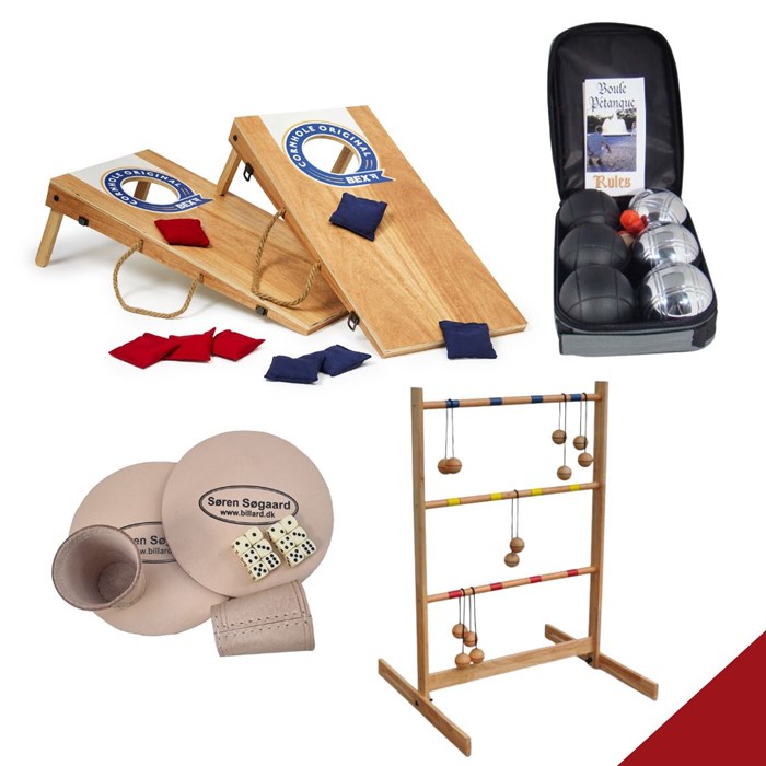 Havespil valuepack - Cornhole, stigegolf, petanque og raflesæt