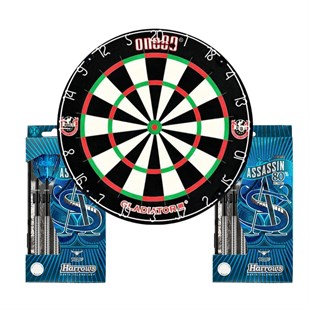 Dartsæt med One80 Gladiator 3 Plus dartskive og 2 sæt Harrows Assassin dartpile