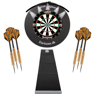 Komplet dartsetup - Gladiator 3 Plus skive, lys, pile, kvajering og dartmåtte