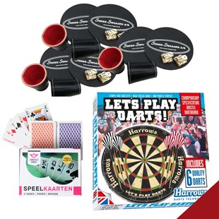 Sjov aften pakke - shuffleboard, kort, terninger og dart
