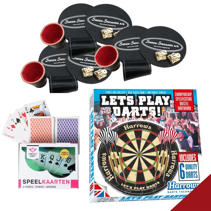 Sjov aften pakke - shuffleboard, kort, terninger og dart