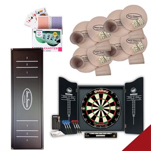 Sjov aften DELUXE pakke - shuffleball, kort, dart og terninger