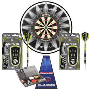 Winmau komplet dartsetup - Blade 6 Triple Core, kvajering, LED lys, dartmåtte og 2 sæt pile