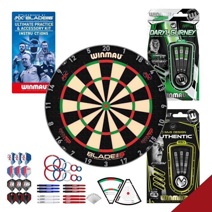 Winmau komplet DELUXE pakke - Blade 6 TC, 2 sæt NT pile og PDC Ultimate Practice kit